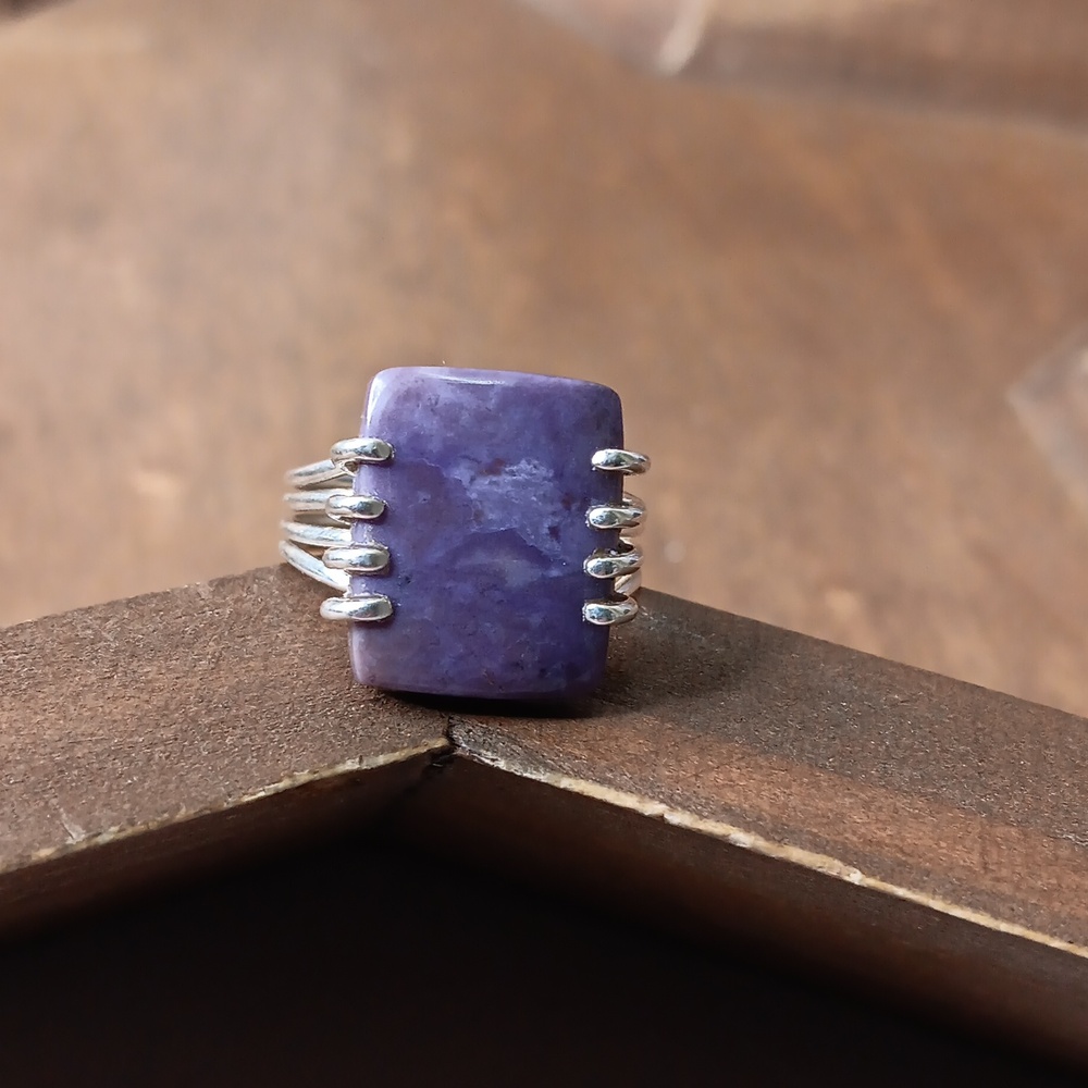 Hand Crafted Purple Rectangular Stone Silver-Tone Ring